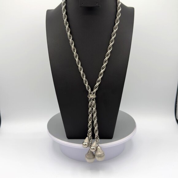 Vintage Silver Tone Long Twisted Rope Chain Necklace With Tassel Ends - Picture 2 of 13